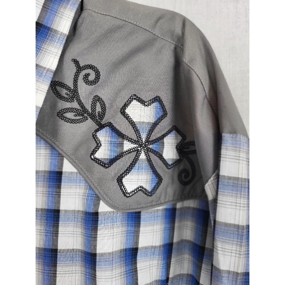 Roper Western Shirt Mens 2XL Embroidered Plaid Long Sleeve Pearl Snap Blue/Gray - Picture 3 of 8